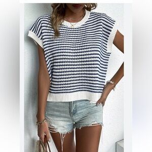 New Knit Mix Loose Fit Knit Vest Sweater Striped Stripe White Blue Large